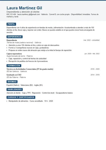 Plantilla de currículum compacta con cabecera gris y títulos sobre fondo de color